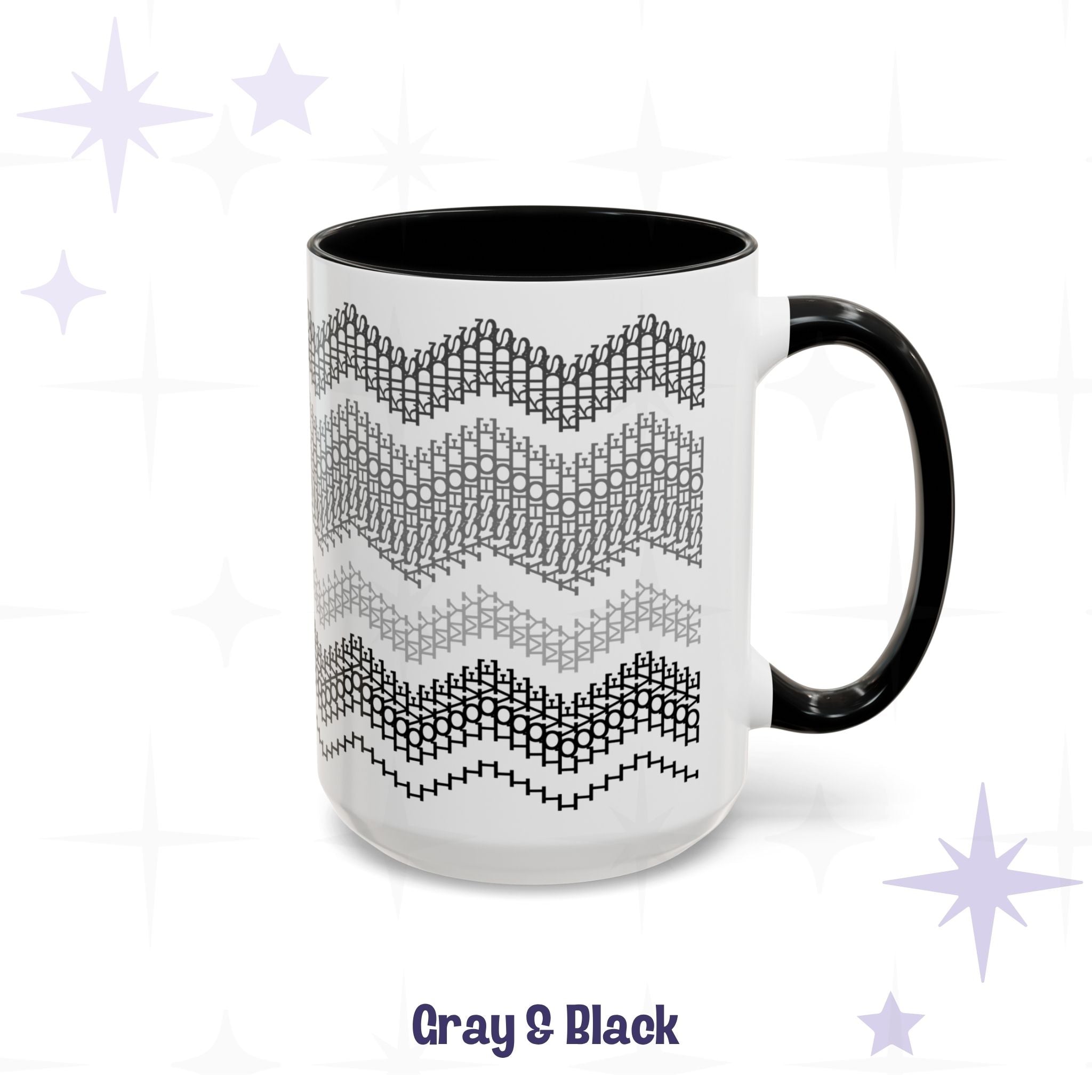 Gray &amp; Black hidden message mug 15oz, handle facing right — four stacked chevron bands of typographic pattern in descending gray tones on white ceramic with black accent