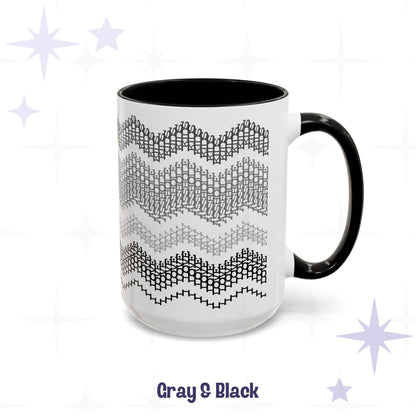 Gray &amp; Black hidden message mug 15oz, handle facing right — four stacked chevron bands of typographic pattern in descending gray tones on white ceramic with black accent