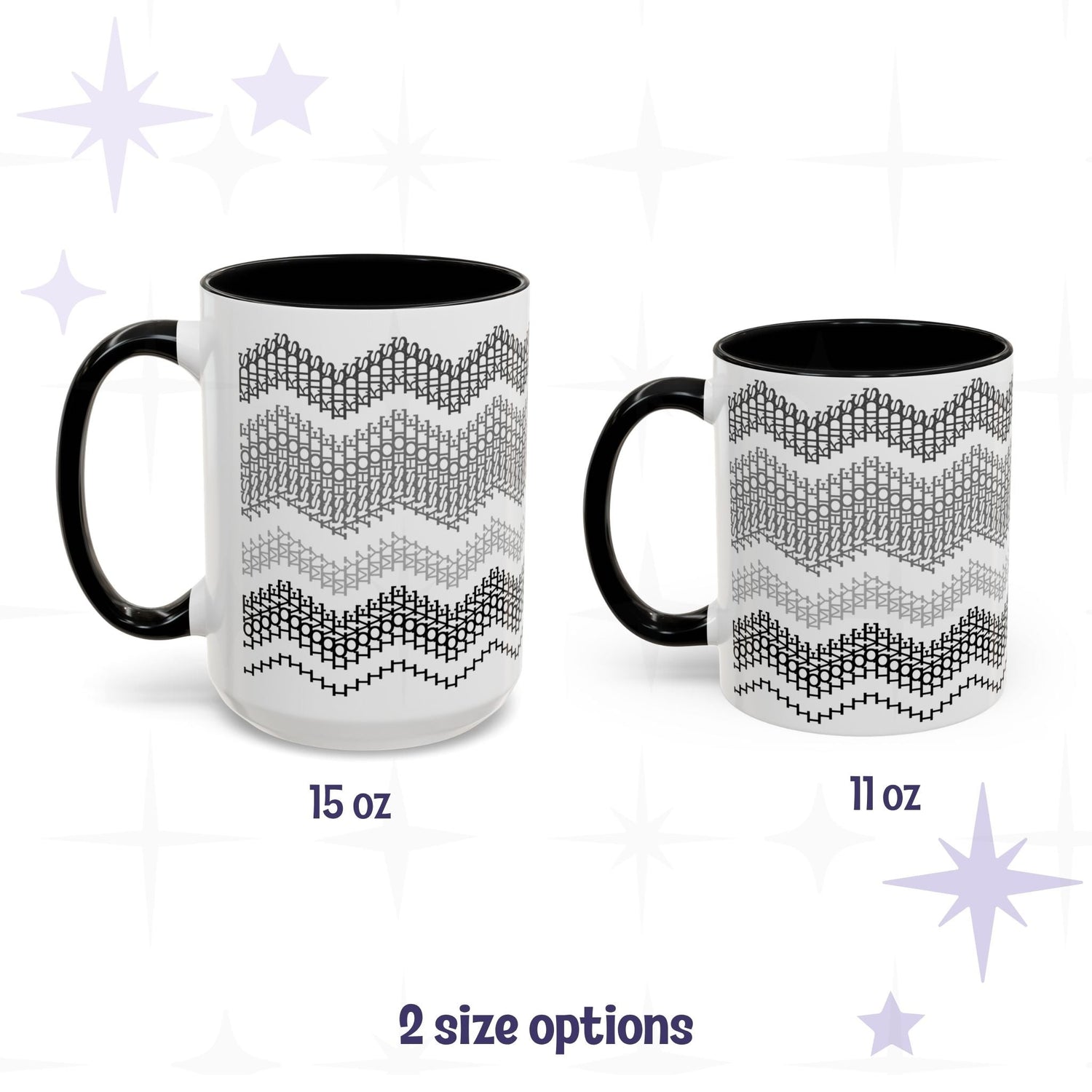 Side-by-side size comparison of Gray &amp; Black hidden message mugs: 15oz taller version on left and 11oz standard size on right, both with black accent handles