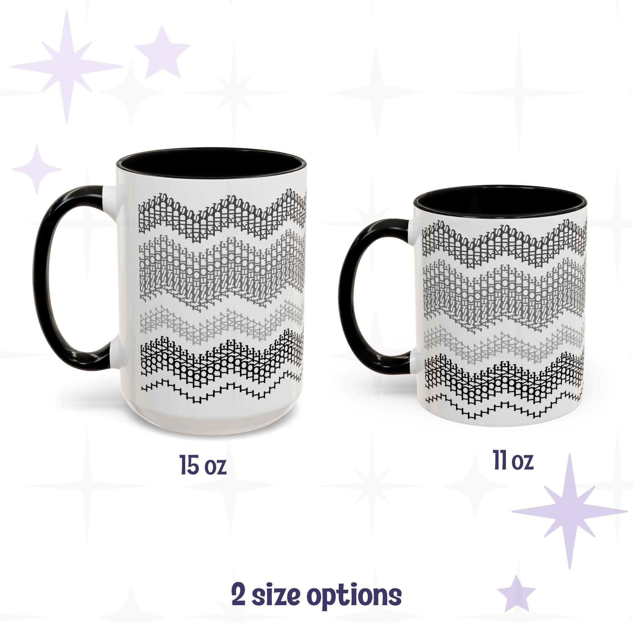 Side-by-side size comparison of Gray &amp; Black hidden message mugs: 15oz taller version on left and 11oz standard size on right, both with black accent handles