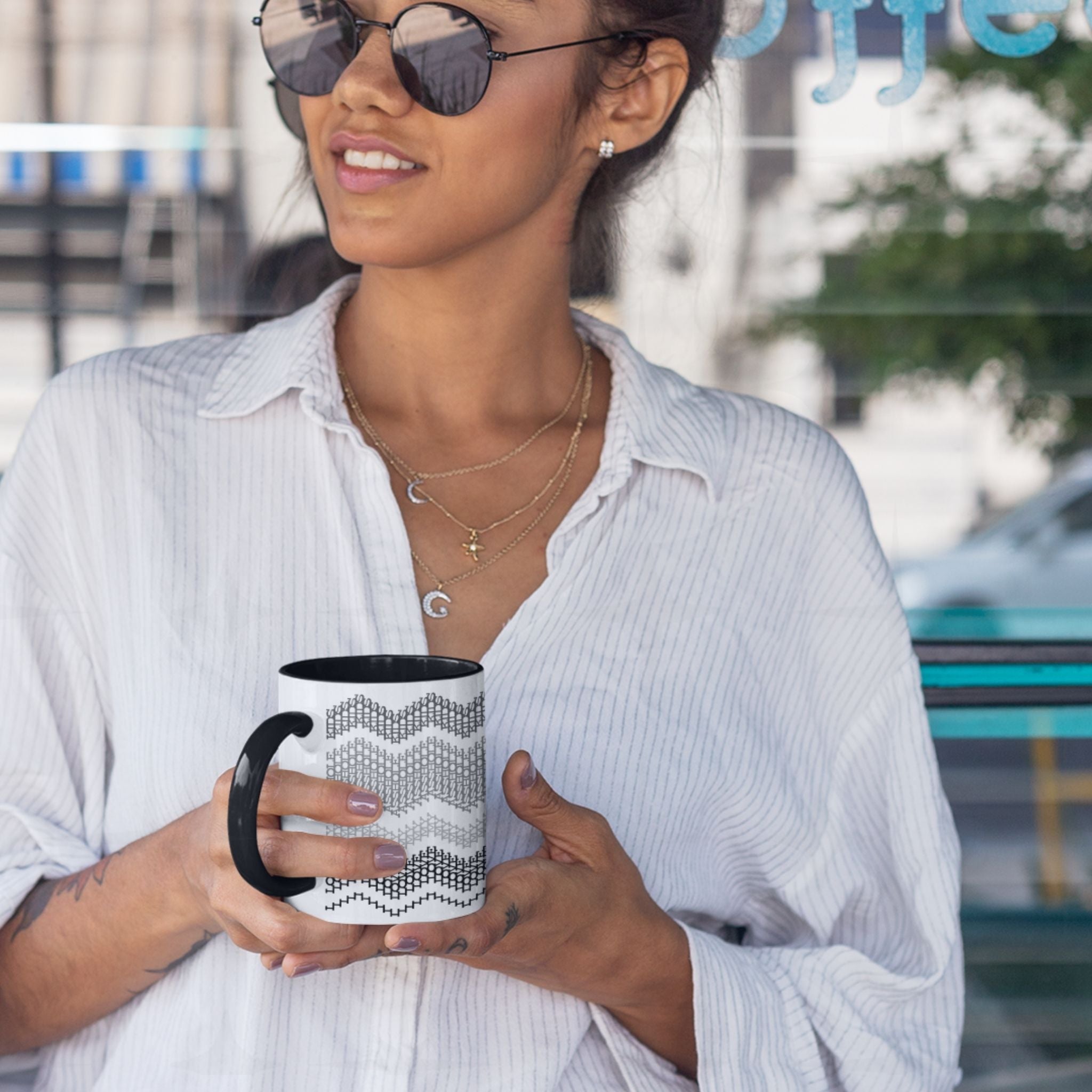 Preppy &amp; Pink hidden message mug 15oz, handle facing right — four stacked undulating bands of hidden-phrase typography in warm botanical tones with pink accent handle