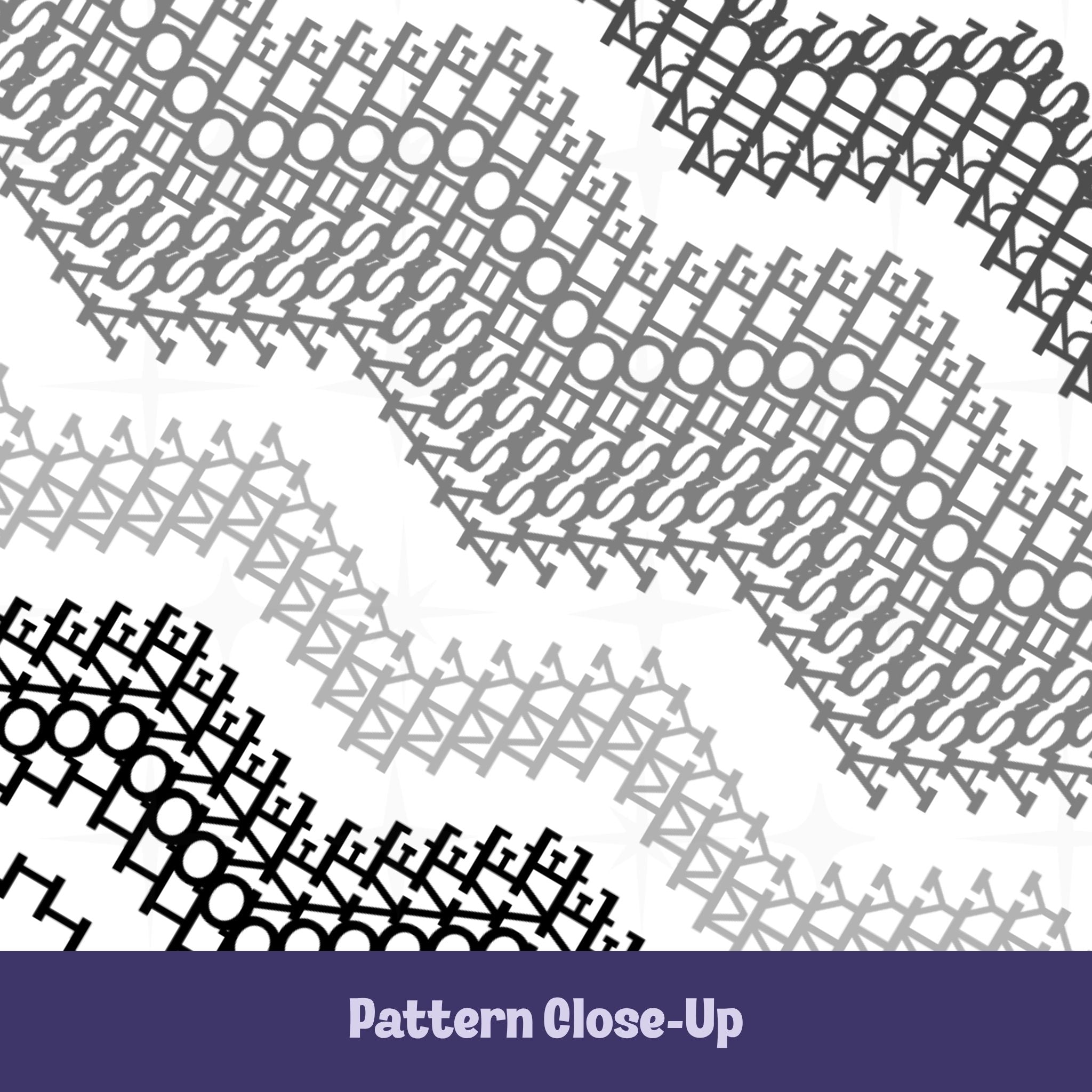 Close-up of hidden message mug pattern in charcoal, medium gray, light gray, and black — dense cross-stitch-style typography hiding the phrase &