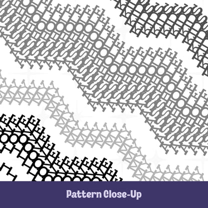 Close-up of hidden message mug pattern in charcoal, medium gray, light gray, and black — dense cross-stitch-style typography hiding the phrase &