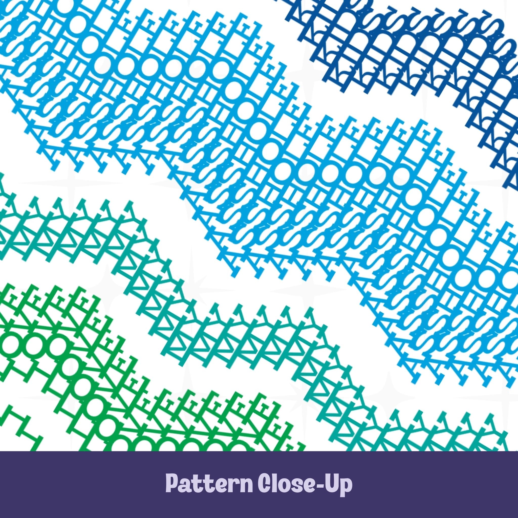 Close-up of hidden message mug pattern in navy, cornflower blue, teal, and kelly green — layered typographic chevron bands concealing the phrase &