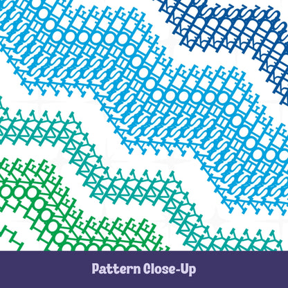 Close-up of hidden message mug pattern in navy, cornflower blue, teal, and kelly green — layered typographic chevron bands concealing the phrase &