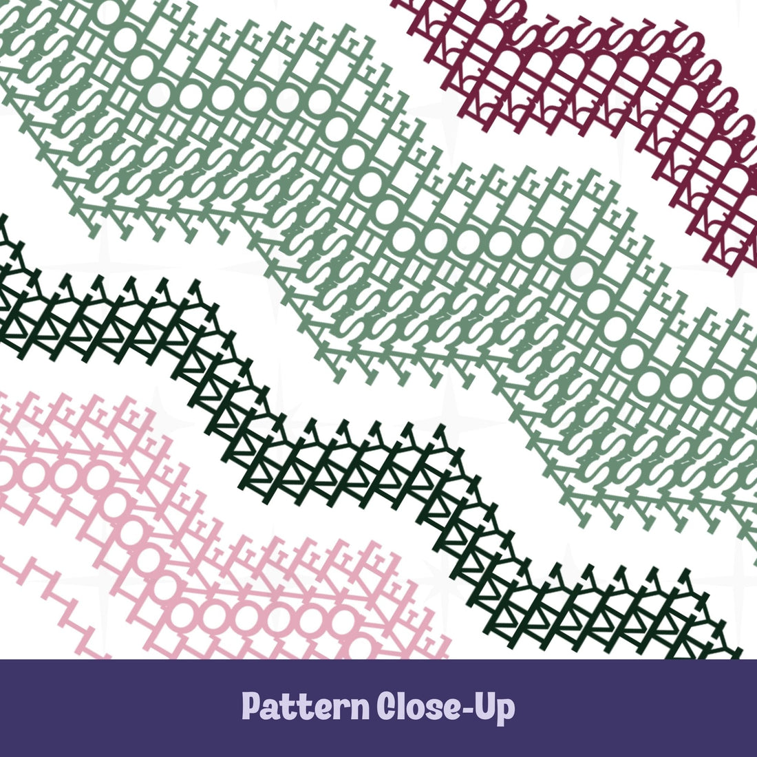 Close-up of hidden message mug pattern in deep burgundy, sage green, forest green, and blush pink — dense typographic cross-stitch waves spelling &