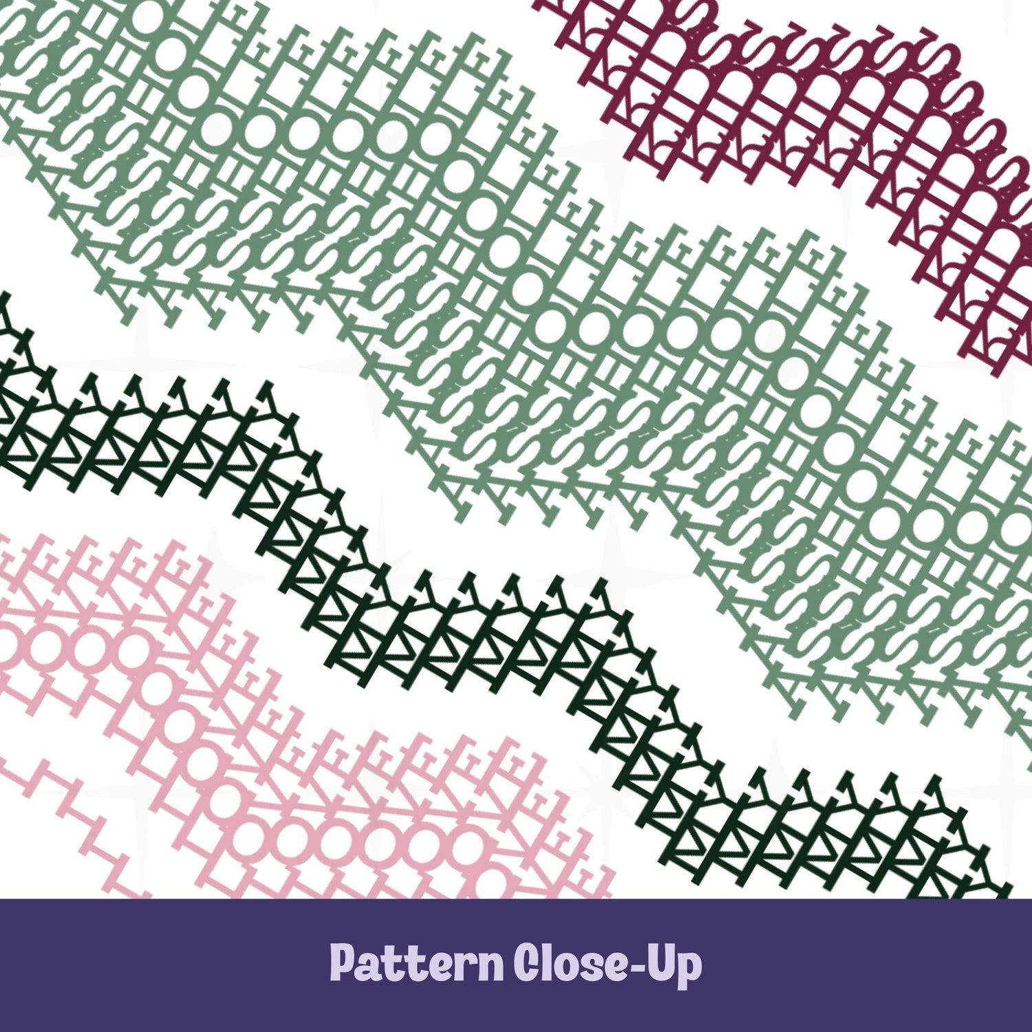 Close-up of hidden message mug pattern in deep burgundy, sage green, forest green, and blush pink — dense typographic cross-stitch waves spelling &