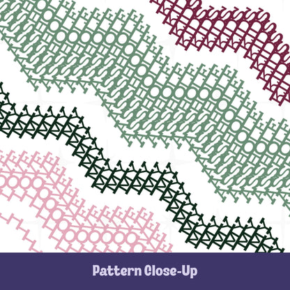 Close-up of hidden message mug pattern in deep burgundy, sage green, forest green, and blush pink — dense typographic cross-stitch waves spelling &