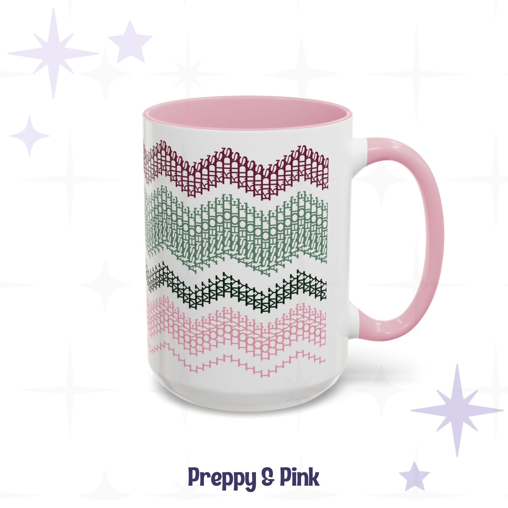 Preppy &amp; Pink hidden message coffee mug, 15oz, side view — white ceramic with pink handle and interior, four chevron bands in deep burgundy, sage green, forest green, and blush pink