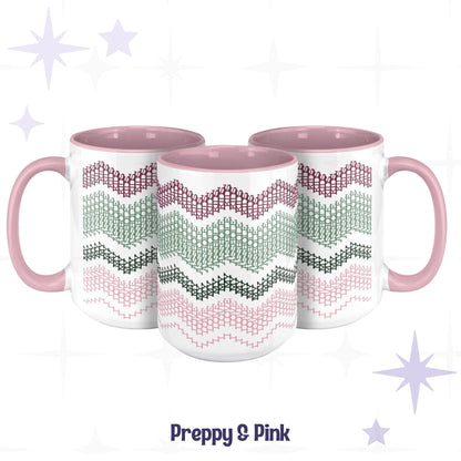 Three Preppy &amp; Pink hidden message accent mugs arranged together, showing the full typographic wave pattern in burgundy, sage, forest green, and pink on white ceramic