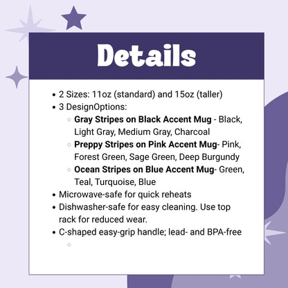 Product details spec card for hidden message mug: 2 sizes (11oz and 15oz), 3 colorways (Gray &amp; Black, Preppy &amp; Pink, Ocean &amp; Blue), microwave and dishwasher safe, BPA-free