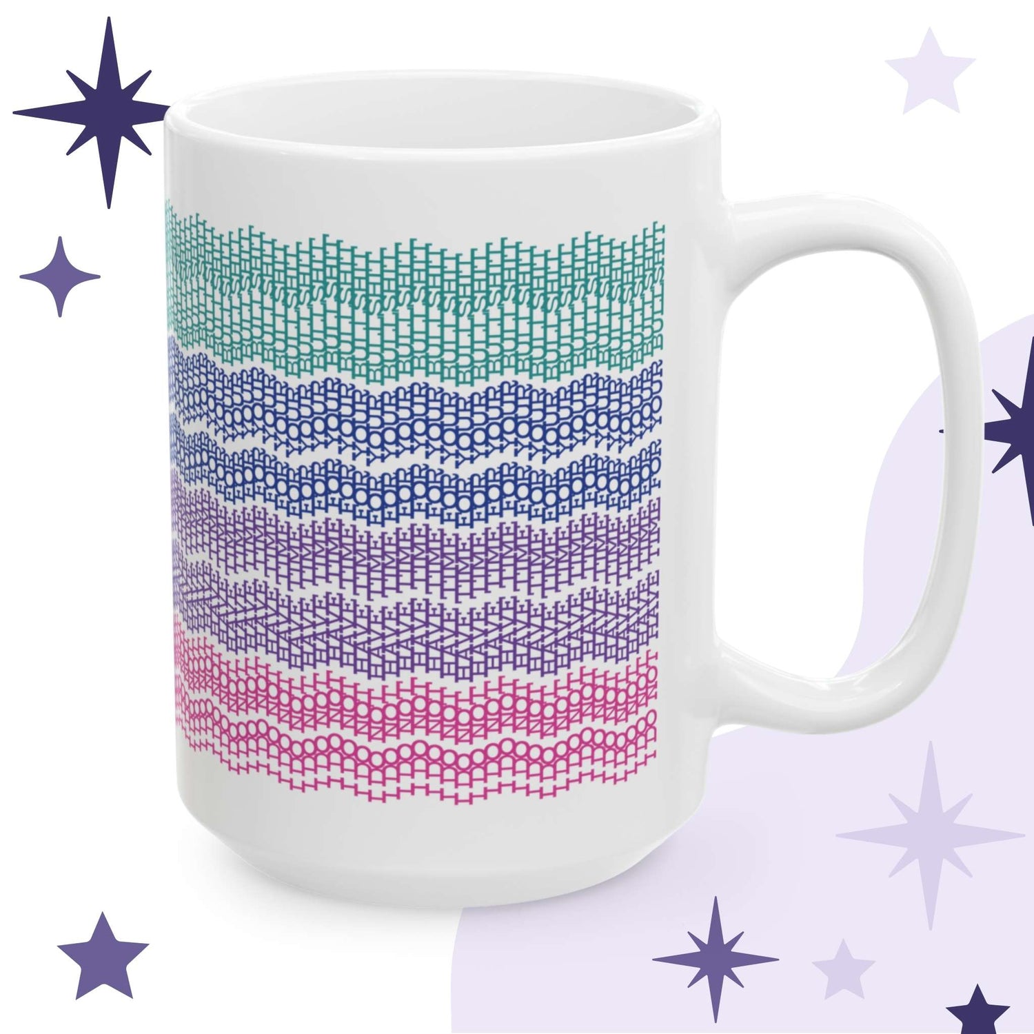 Hidden message embroidery pattern mug in bright stripes, 15oz, on branded lavender background