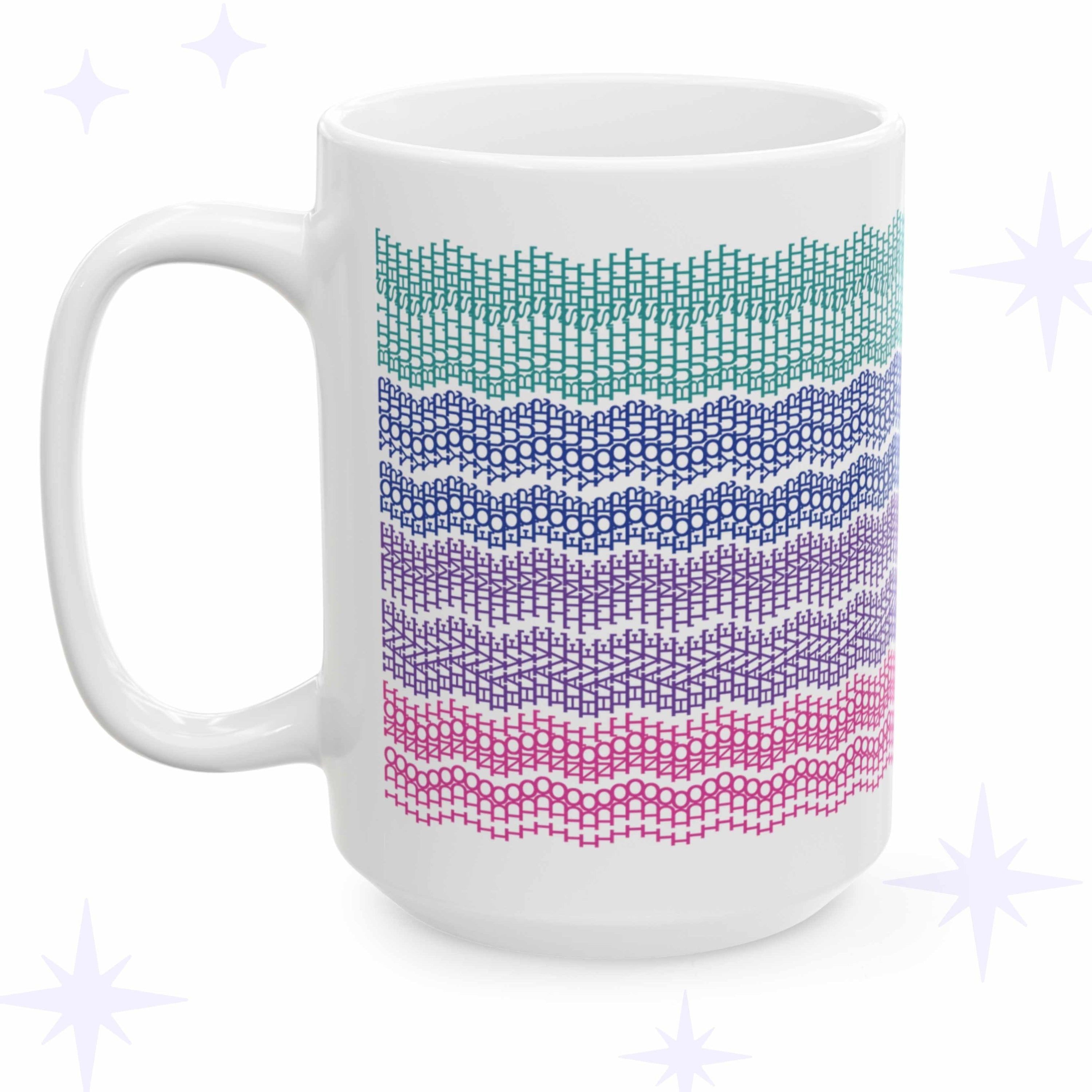 Hidden message embroidery pattern mug in bright stripes, "I do not have time for your bullshit"