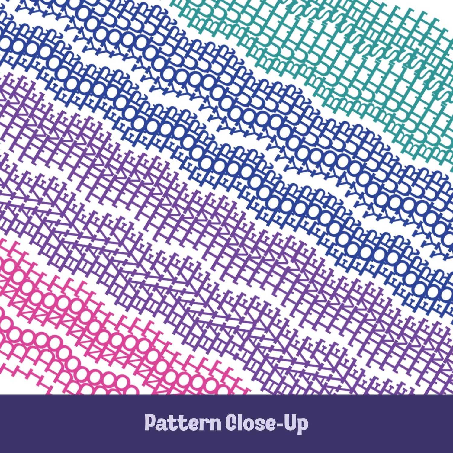 Close-up of colorful embroidery stitch pattern on hidden message mug showing chain stitch, eyelet, and chevron details in teal, blue, violet, and pink