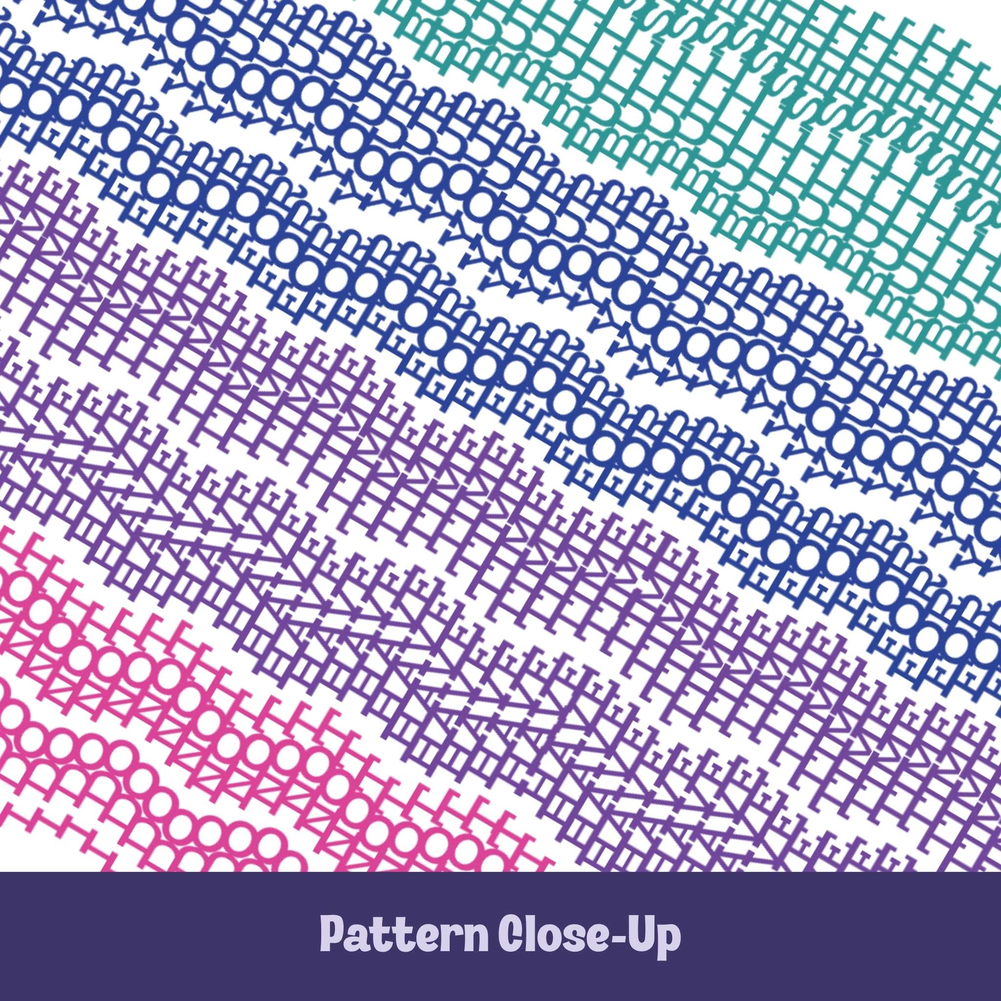Close-up of colorful embroidery stitch pattern on hidden message mug showing chain stitch, eyelet, and chevron details in teal, blue, violet, and pink