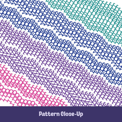 Close-up of colorful embroidery stitch pattern on hidden message mug showing chain stitch, eyelet, and chevron details in teal, blue, violet, and pink