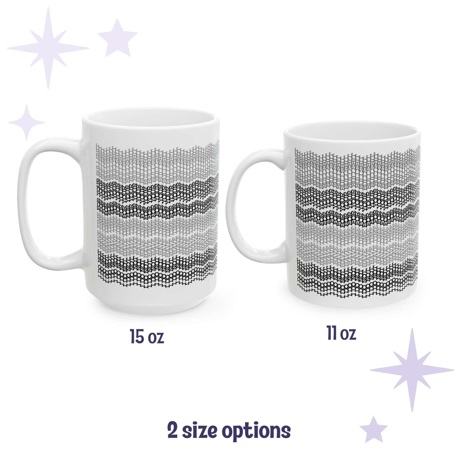 Gray stripes hidden message embroidery mug shown in both 15oz and 11oz sizes side by side
