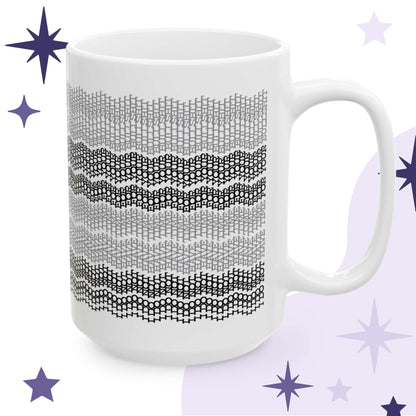 Hidden message embroidery pattern ceramic mug in gray stripes on lavender background with purple sparkles