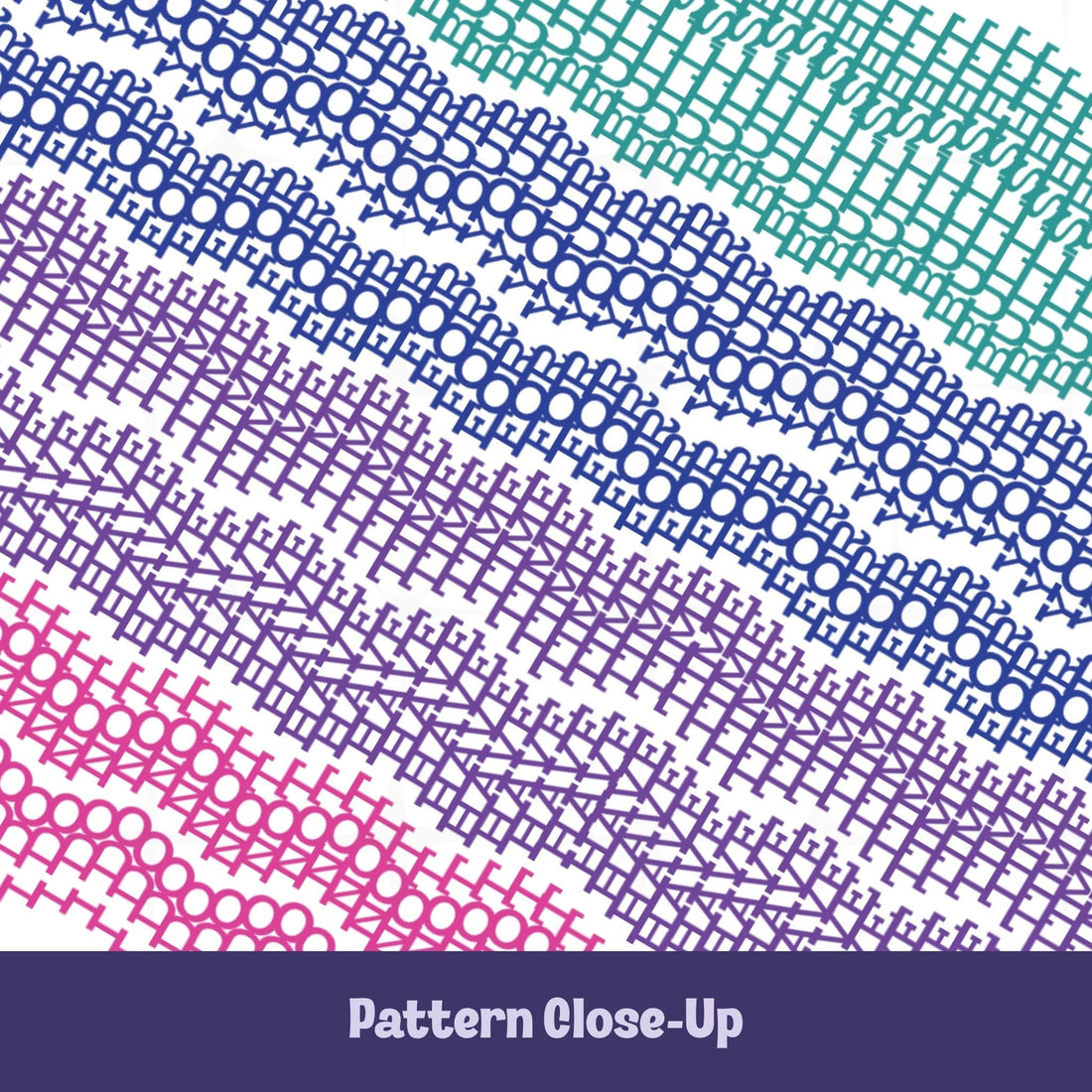 Close-up of embroidery pattern mug design in bright teal, blue, purple, and pink showing dense stitch-style rows of chain, eyelet, and cross-hatch motifs with hidden message lettering, "I do not have time or your bullshit"