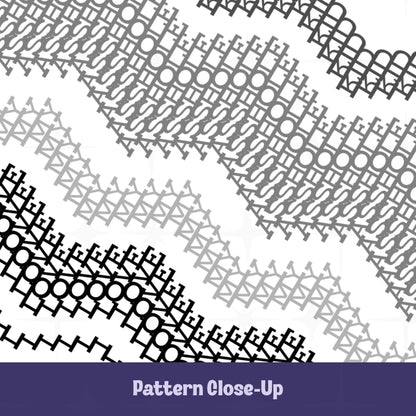 Close-up of the Gray Stripes pattern on the hidden message fair isle tumbler — black and charcoal geometric letterforms spelling I Love My Asshole Kid in dense cross-stitch style