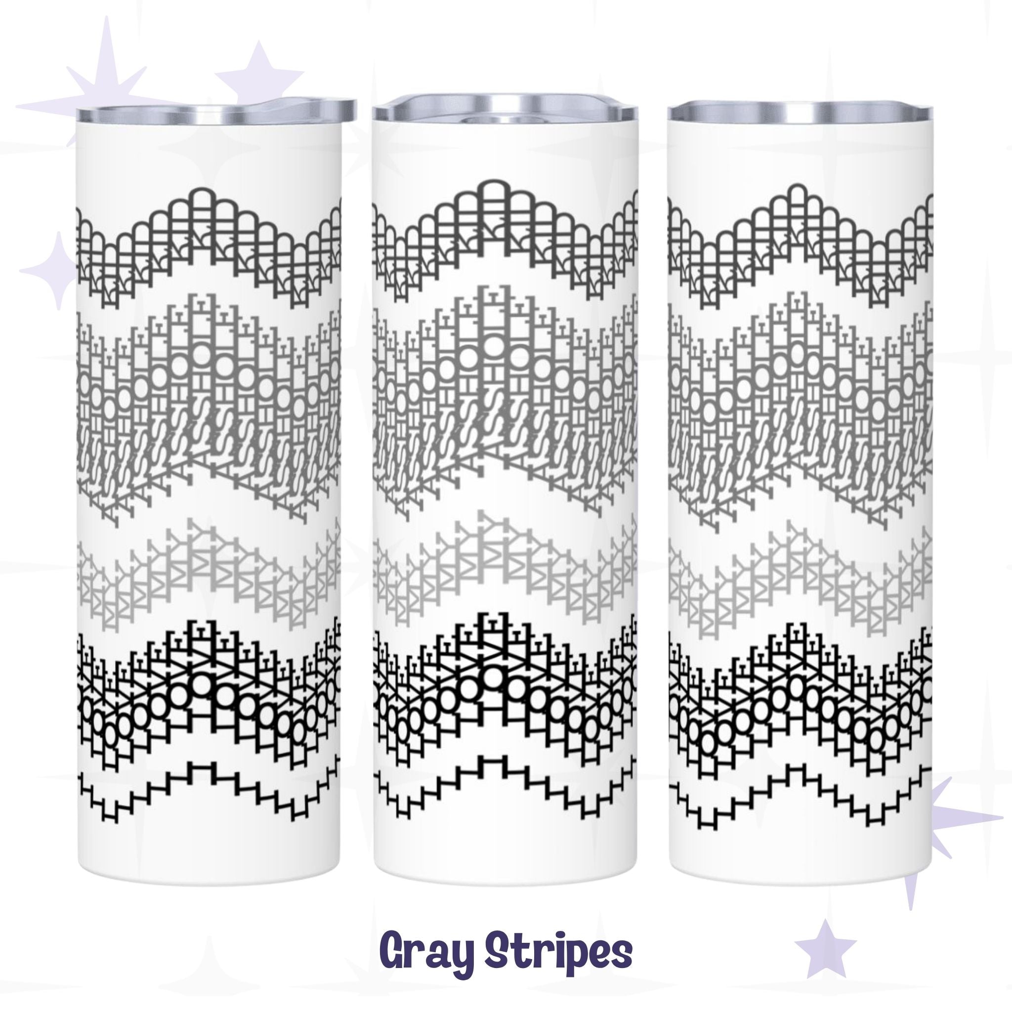 Three-view display of the Gray Stripes hidden message tumbler — black, charcoal, medium gray, and light gray chevron band pattern on white 20oz stainless steel