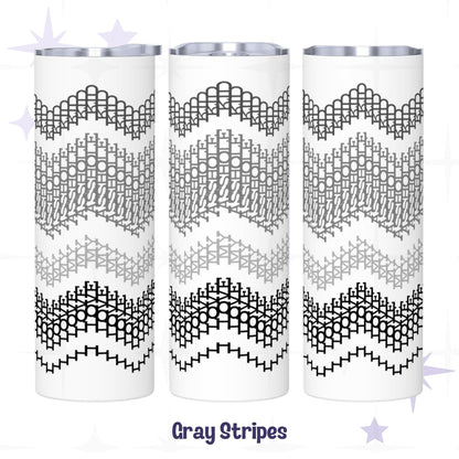 Three-view display of the Gray Stripes hidden message tumbler — black, charcoal, medium gray, and light gray chevron band pattern on white 20oz stainless steel