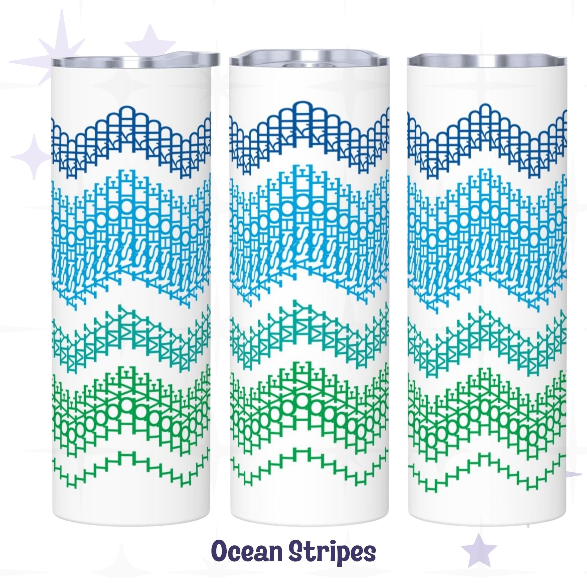 Three-view display of the Ocean Stripes colorway hidden message tumbler — navy, sky blue, teal, and forest green chevron typographic bands on white 20oz stainless steel

