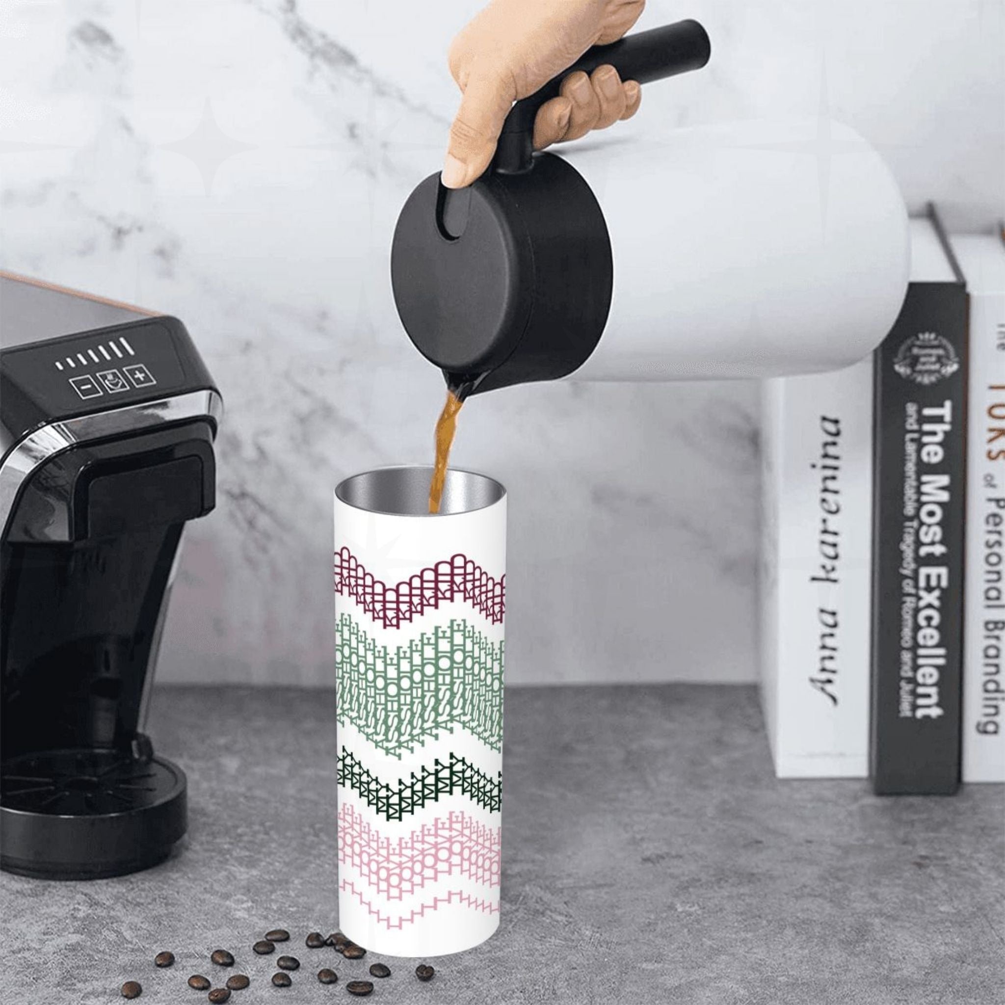 Coffee being poured into the Preppy Stripes I Love My Asshole Kid skinny tumbler on a kitchen counter — burgundy and green chevron hidden message pattern visible on white body