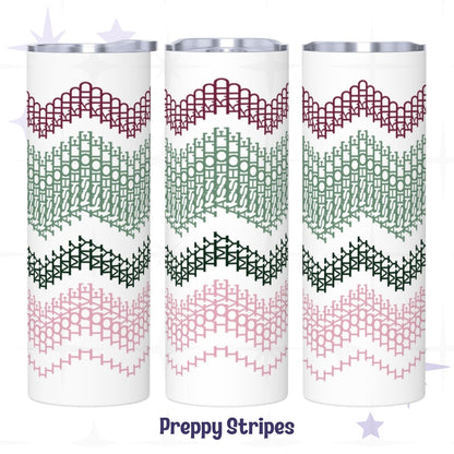 Three-view display of the Preppy Stripes I Love My Asshole Kid tumbler — burgundy, sage green, forest green, and blush pink fair isle typographic pattern on white skinny tumbler