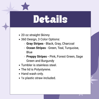 Product specs card for the I Love My Asshole Kid hidden message tumbler — 20oz skinny straight stainless steel, three colorways listed: Gray Stripes, Ocean Stripes, Preppy Stripes