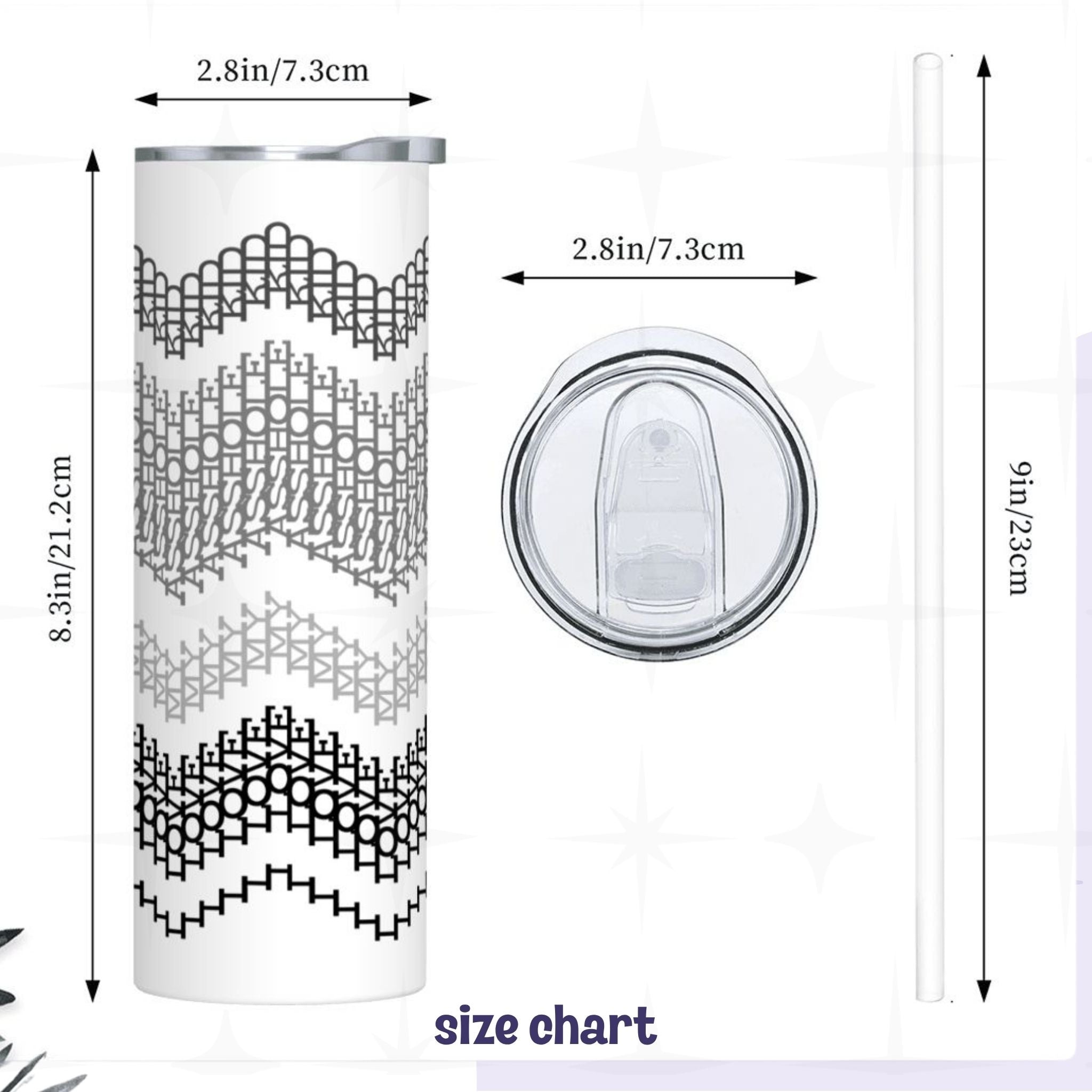 Size chart for the I Love My Asshole Kid fair isle tumbler — 8.3 inches tall, 2.8 inch diameter, sliding lid shown from above, 9-inch plastic straw included