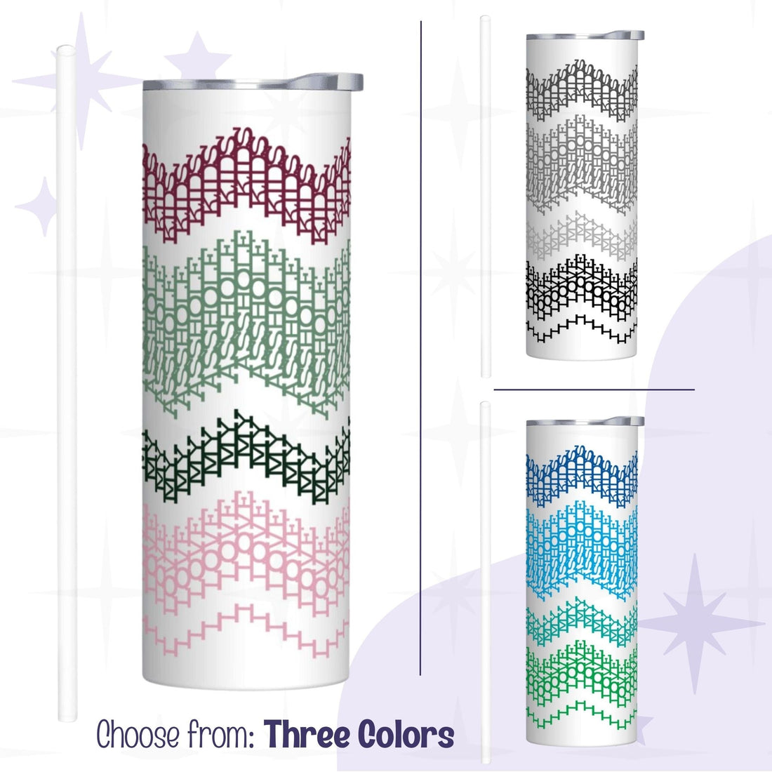 All three colorway options for the hidden message skinny tumbler side by side — Preppy Stripes in burgundy and green, Gray Stripes in black and charcoal, and Ocean Stripes in navy and teal, each with a plastic straw