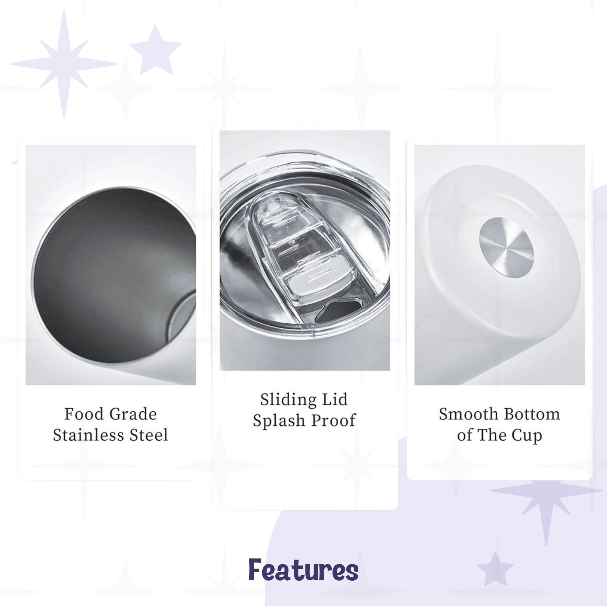 Features graphic showing food-grade stainless steel interior, sliding splash-proof clear plastic lid detail, and smooth stainless steel base of the hidden message skinny tumbler