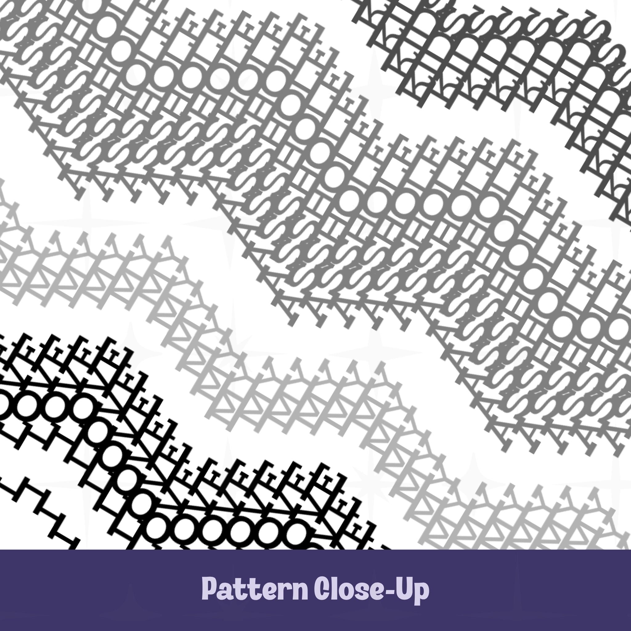 Close-up of the gray stripes hidden message tumbler pattern — cross-stitch style letterforms in graduating black, charcoal, gray, and light gray tones concealing the hidden message within the decorative textile design