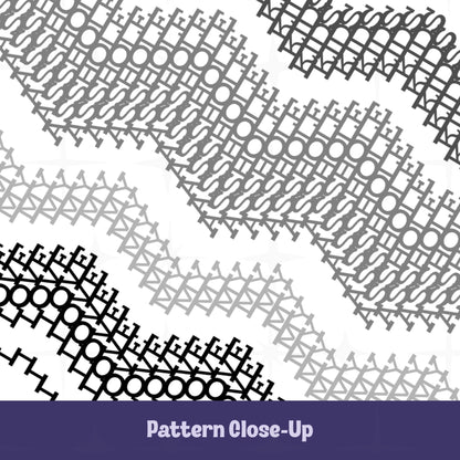 Close-up of the gray stripes hidden message tumbler pattern — cross-stitch style letterforms in graduating black, charcoal, gray, and light gray tones concealing the hidden message within the decorative textile design