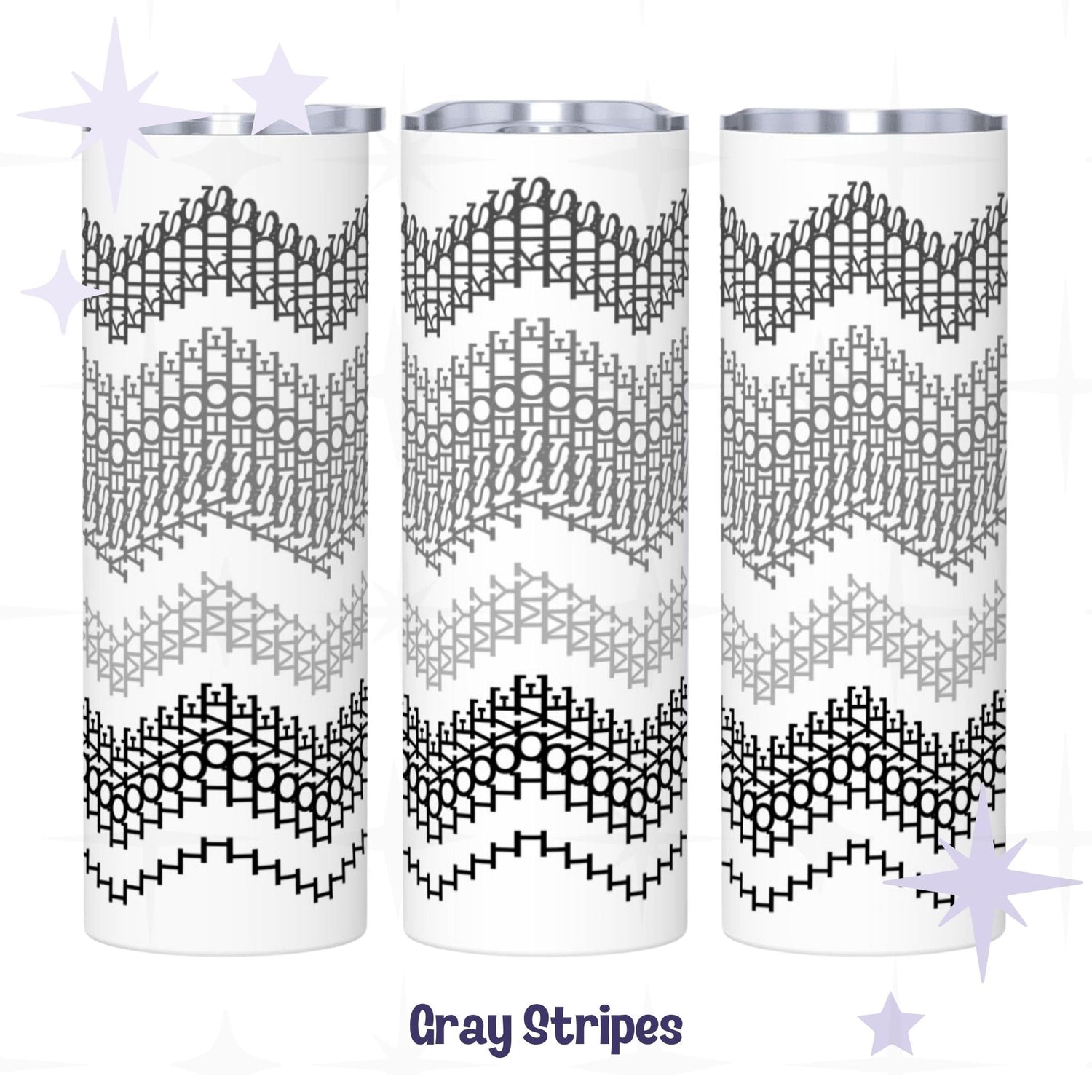 Three side-by-side views of the Gray Stripes colorway hidden message tumbler — graduating black, charcoal, gray, and light gray chevron embroidery stripe pattern on white stainless steel body