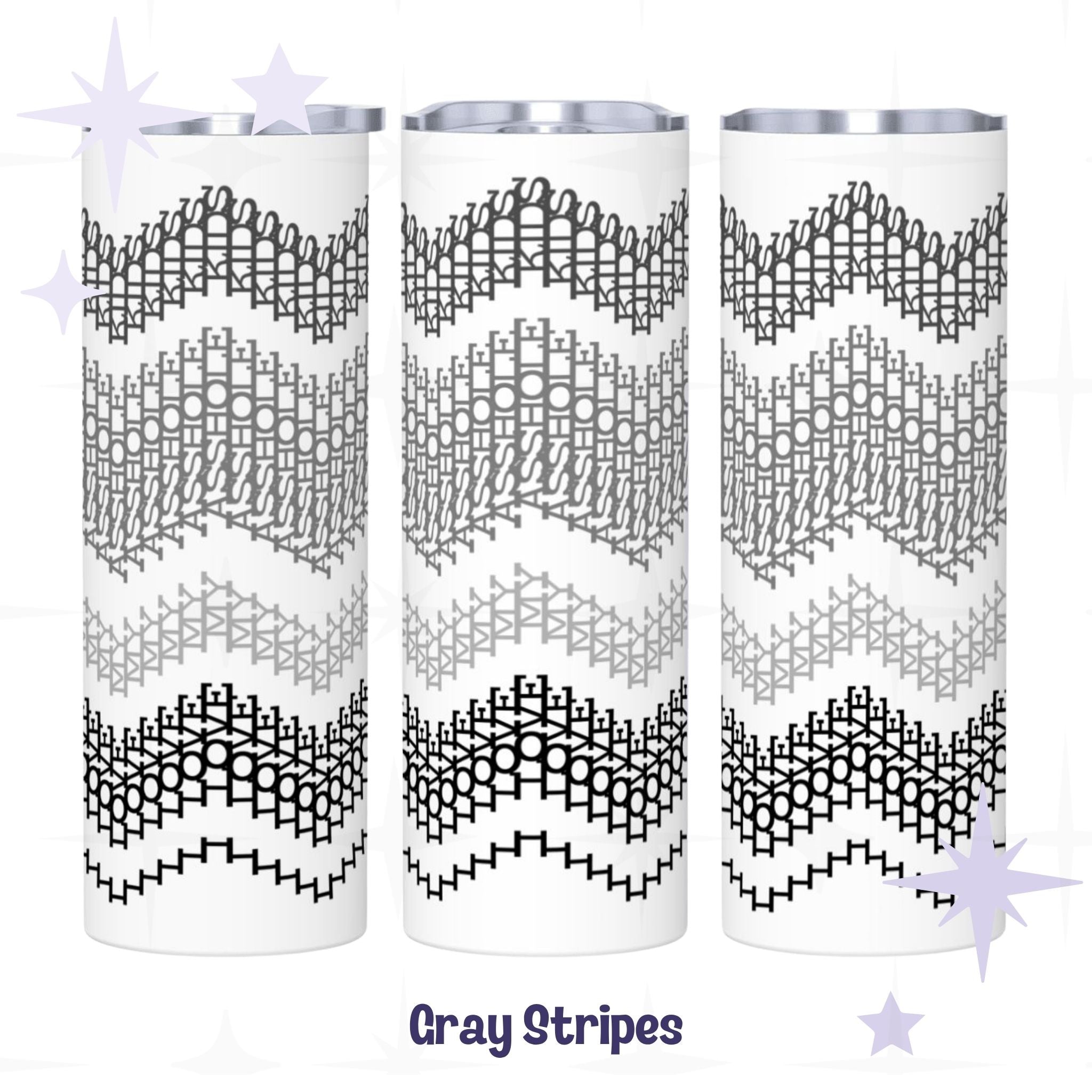 Three side-by-side views of the Gray Stripes colorway hidden message tumbler — graduating black, charcoal, gray, and light gray chevron embroidery stripe pattern on white stainless steel body