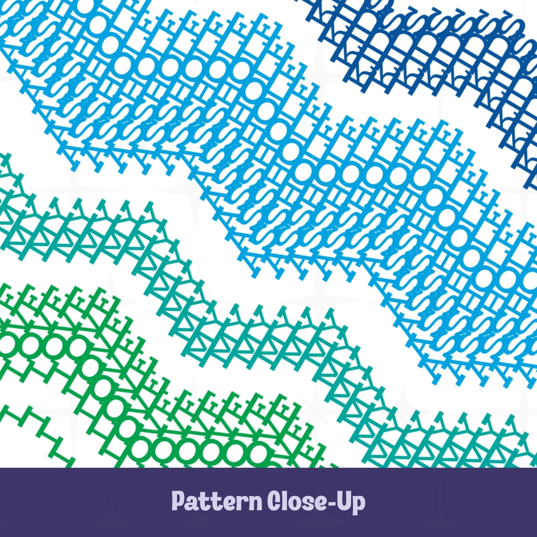 Close-up of the ocean stripes hidden message tumbler pattern — dense cross-stitch and embroidery-style letterforms spelling the hidden message in navy, sky blue, teal, and green on white