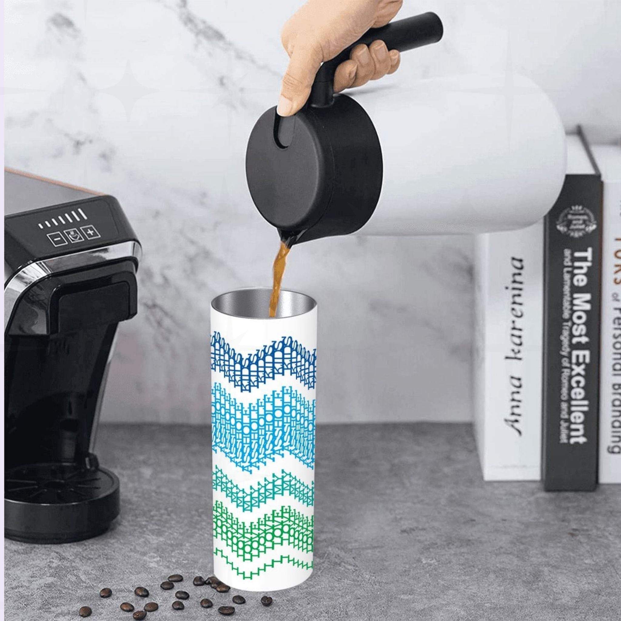 Hidden message skinny tumbler with straw in a car cupholder, preppy stripes colorway — burgundy and sage green embroidery-pattern stripe bands visible on white stainless steel body