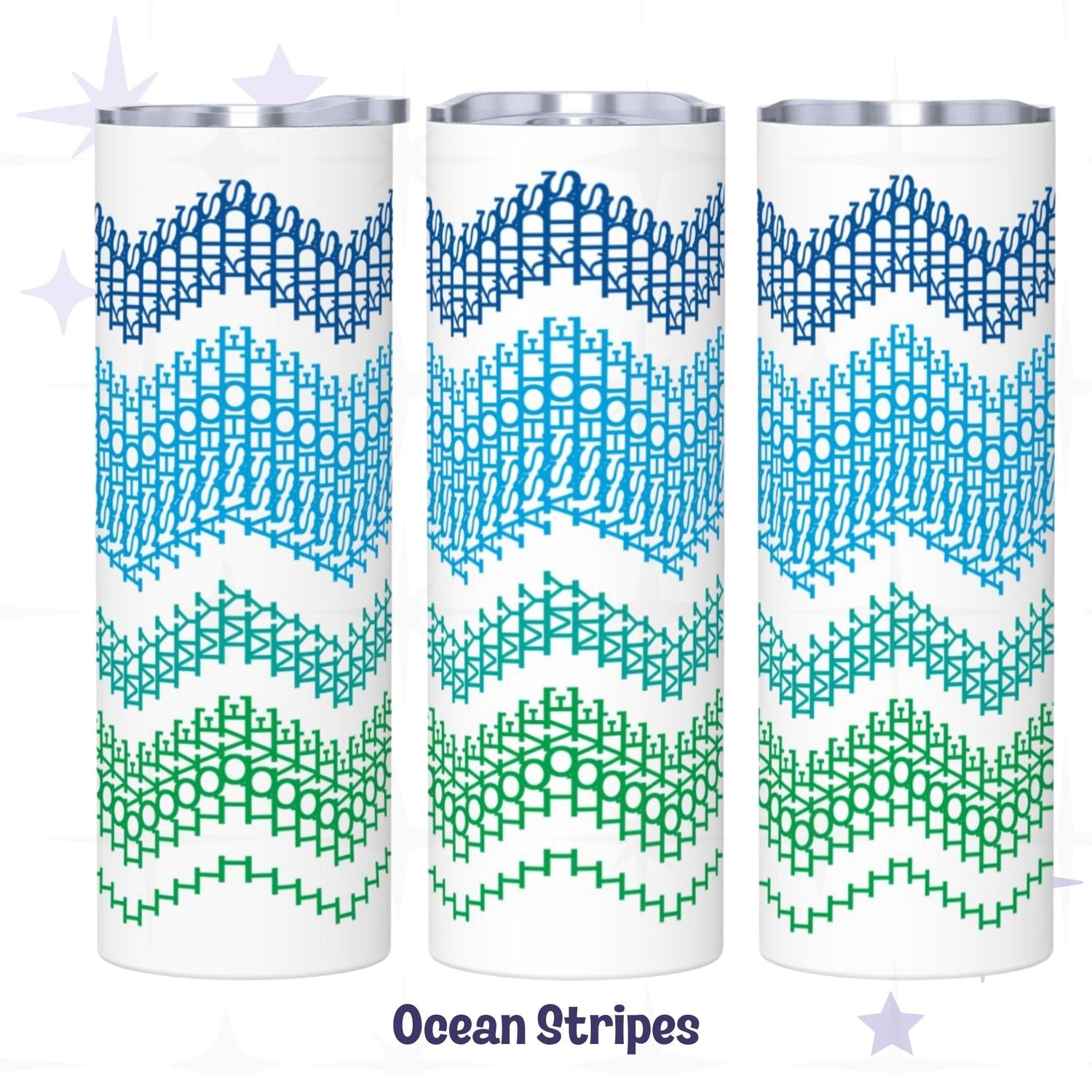 Three side-by-side views of the Ocean Stripes colorway hidden message tumbler — navy, sky blue, teal, and forest green chevron embroidery stripe design rotating around white stainless steel body