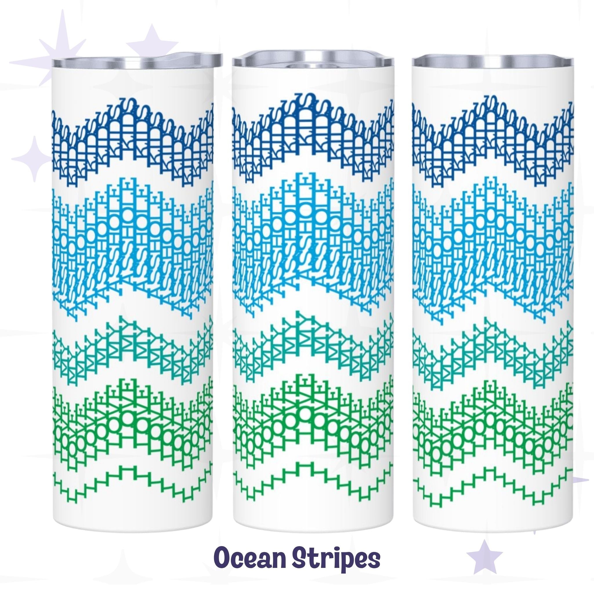 Three side-by-side views of the Ocean Stripes colorway hidden message tumbler — navy, sky blue, teal, and forest green chevron embroidery stripe design rotating around white stainless steel body