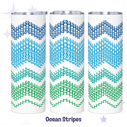 Three side-by-side views of the Ocean Stripes colorway hidden message tumbler — navy, sky blue, teal, and forest green chevron embroidery stripe design rotating around white stainless steel body