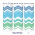 Three side-by-side views of the Ocean Stripes colorway hidden message tumbler — navy, sky blue, teal, and forest green chevron embroidery stripe design rotating around white stainless steel body
