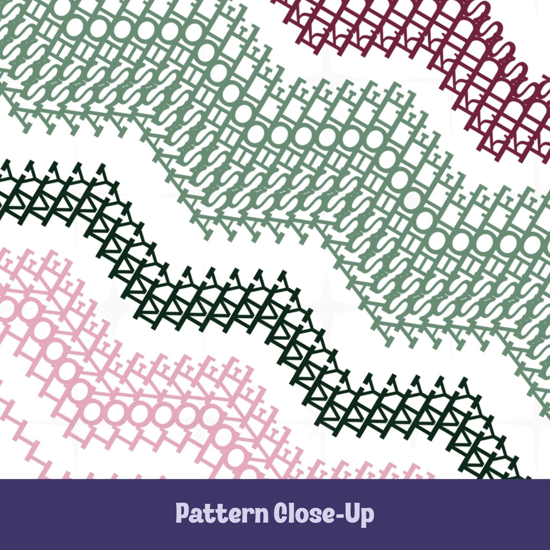 Close-up of the preppy stripes hidden message tumbler pattern — interlocking embroidery-style letterforms in sage green, forest green, burgundy, and blush pink revealing the hidden message