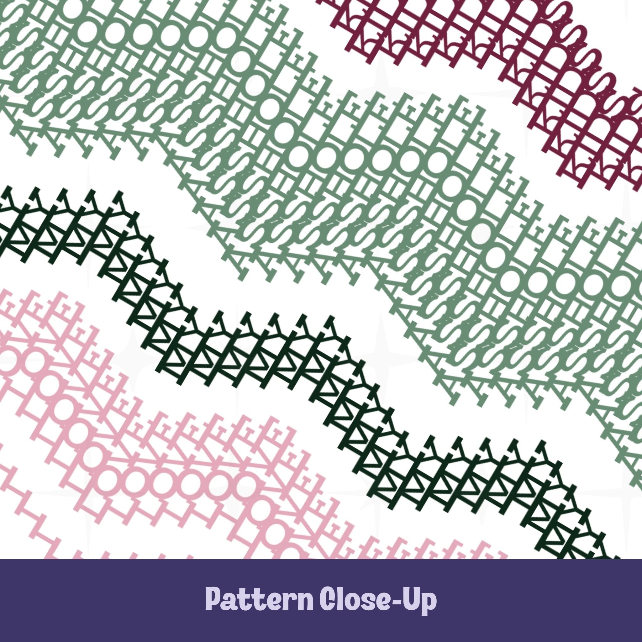Close-up of the preppy stripes hidden message tumbler pattern — interlocking embroidery-style letterforms in sage green, forest green, burgundy, and blush pink revealing the hidden message