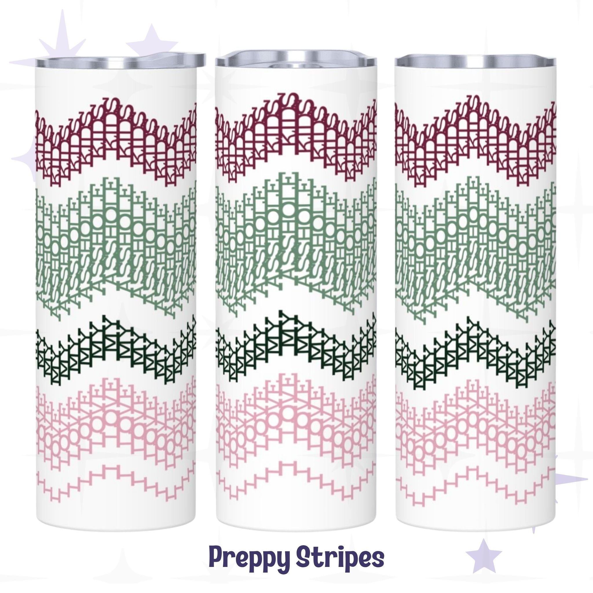 Three side-by-side views of the Preppy Stripes colorway hidden message tumbler — burgundy, sage green, forest green, and blush pink embroidery stripe chevron pattern on white stainless steel body
