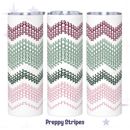 Three side-by-side views of the Preppy Stripes colorway hidden message tumbler — burgundy, sage green, forest green, and blush pink embroidery stripe chevron pattern on white stainless steel body