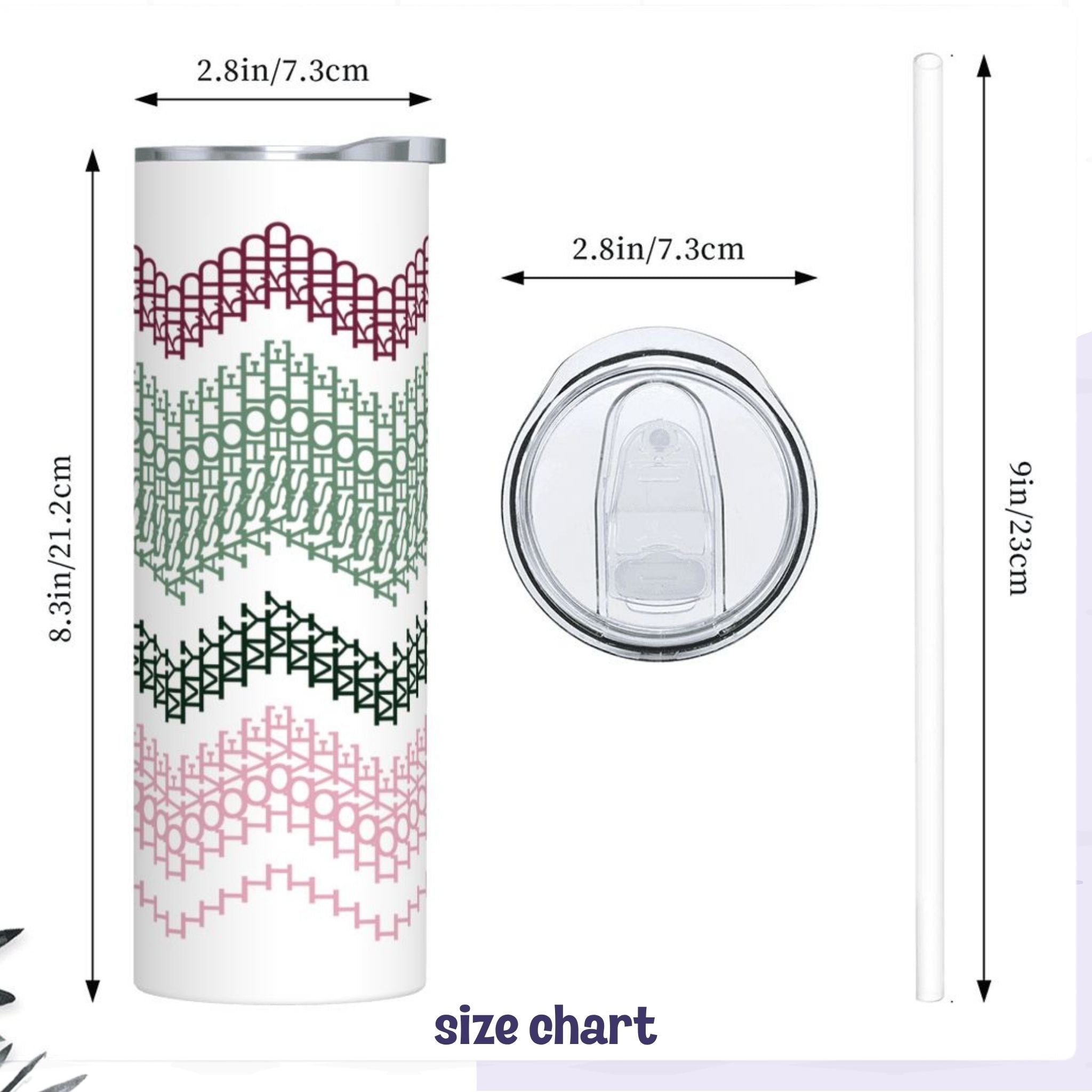 Size chart for the hidden message skinny tumbler — 8.3 inches tall by 2.8 inch diameter, with sliding lid top view and 9-inch plastic straw shown alongside preppy stripes colorway