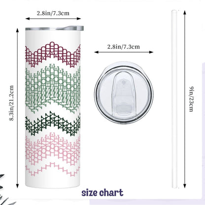 Size chart for the hidden message skinny tumbler — 8.3 inches tall by 2.8 inch diameter, with sliding lid top view and 9-inch plastic straw shown alongside preppy stripes colorway