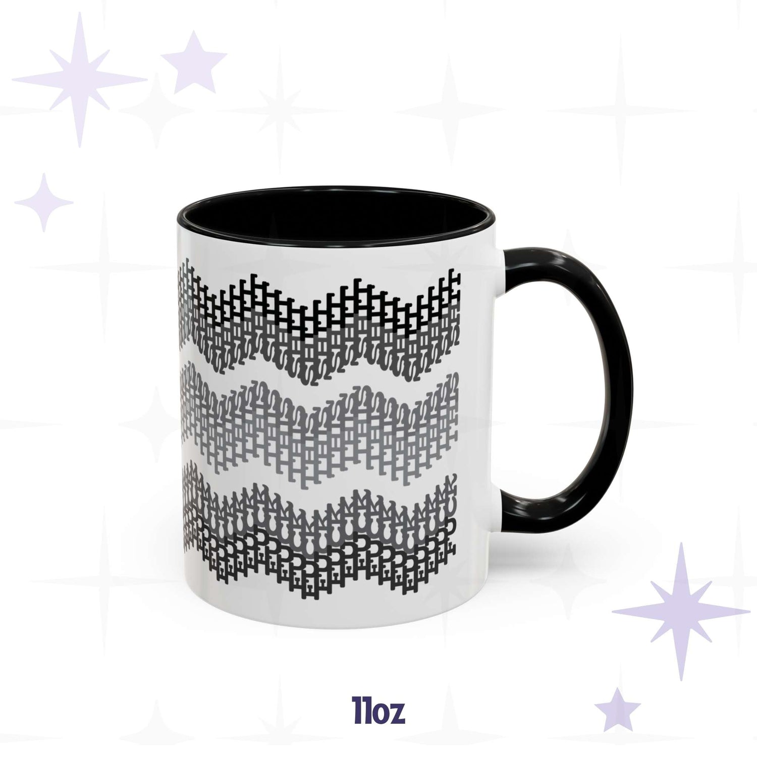 11oz hidden profanity accent mug with grayscale chevron swear word pattern, black handle and black interior, on branded background